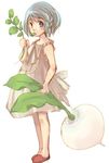  blue_eyes blue_hair blush braid brown_dress collarbone dress eating food holding leaf looking_at_viewer murakami_mame original radish shoes short_hair simple_background single_braid sleeveless sleeveless_dress slippers solo standing vegetable white_background 