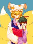  animal_ears artist_request blonde_hair blue_background blush brooch brown_hair carrying cat_ears chen fox_tail gem hat jewelry long_sleeves multiple_girls multiple_tails person_carrying pillow_hat princess_carry ruby_(stone) short_hair simple_background size_difference surcoat tail tassel touhou wide_sleeves yakumo_ran 