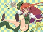  banana_peel blush_stickers braid brown_footwear checkered checkered_background chinese_clothes food hair_ribbon hat hong_meiling long_hair looking_at_viewer open_mouth pelvic_curtain puffy_short_sleeves puffy_sleeves red_eyes ribbon shoes short_sleeves solo star touhou tress_ribbon twin_braids xexu 