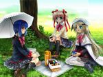  blue_eyes blue_hair blush bow brown_hair cape coffee cup fang hair_ribbon hairband hat kamikita_komari kneehighs little_busters! long_hair multiple_girls mutsuki_(moonknives) nishizono_mio noumi_kudryavka parasol picnic picnic_basket pink_bow plaid plaid_skirt ribbon school_uniform short_hair silver_hair skirt socks thermos thighhighs twintails umbrella wallpaper yellow_eyes zettai_ryouiki 