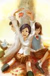  2girls book copyright_request glasses leaf multiple_girls reading school_uniform shiika_sadamasa sitting tree 