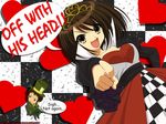  1girl alice_in_wonderland artist_request chibi cosplay english heart highres kyon parody pointing pointing_at_viewer queen_of_hearts queen_of_hearts_(cosplay) suzumiya_haruhi suzumiya_haruhi_no_yuuutsu wallpaper 