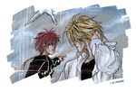  adjusting_hair angel_cage angel_sanctuary artbook bird blonde_hair braid cloud earrings hood hoodie jacket jewelry leather long_hair looking_back male_focus michael_(angel_sanctuary) multiple_boys official_art open_clothes open_mouth open_shirt outdoors pointing raphael_(angel_sanctuary) red_hair shirt single_braid sky spiked_hair yuki_kaori 