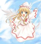  :d angel_wings blonde_hair blue_eyes blush bow bowtie collar dress eyebrows_visible_through_hair flying hat izana_minagi lily_white long_sleeves looking_at_viewer lowres open_mouth red_bow red_neckwear smile solo tate_eboshi touhou white_dress wings 