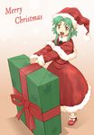  :d capelet christmas gift green_hair haniwa_(leaf_garden) hat maybell merry_christmas open_mouth original red_capelet santa_costume santa_hat smile solo yellow_eyes 