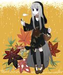 ankle_boots autumn_leaves black_legwear body_mahattaya_ginga boots brown_footwear full_body japanese_clothes kimono long_hair original simple_background solo standing symbol-shaped_pupils thighhighs yellow_background zettai_ryouiki 