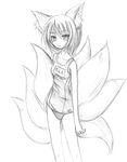  animal_ears artist_request fox_ears fox_tail greyscale monochrome name_tag one-piece_swimsuit school_swimsuit solo swimsuit tail touhou yakumo_ran 