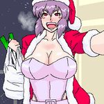 artist_request blush breasts christmas cleavage ghost_in_the_shell groceries hat kusanagi_motoko large_breasts lowres oekaki open_mouth purple_hair santa_costume santa_hat solo 