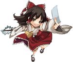  ascot black_hair bow brown_eyes detached_sleeves frilled_skirt frills from_above full_body gohei hair_bow hair_tubes hakurei_reimu kz-kura looking_at_viewer paper red_bow red_skirt ribbon-trimmed_sleeves ribbon_trim shide shoes simple_background skirt skirt_set socks solo touhou white_background white_legwear wide_sleeves 
