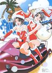  90s bare_shoulders beach black_hair boots braid breast_grab breasts brown_hair christmas cleavage cleavage_cutout crease day elbow_gloves gloves grabbing green_eyes hat highres jet_ski kobayakawa_miyuki kojima_masashi medium_breasts multiple_girls open_mouth outdoors palm_tree red_gloves sack santa_boots santa_costume santa_hat scan short_hair tree tsujimoto_natsumi water waves you're_under_arrest 