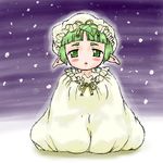  androgynous artist_request bag copyright_request elf green_eyes green_hair lowres oekaki pointy_ears short_hair snow snowing solo 