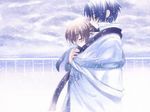  1girl brown_hair eyes_visible_through_hair hug koume_keito lowres sapphism_no_gensou scarf short_hair snow snowing 