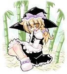  :d apron bamboo blonde_hair blush body_blush bow frills full_body hat kirisame_marisa long_hair looking_at_viewer muuba open_mouth shoes simple_background sitting smile solo touhou witch_hat yellow_eyes 