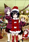  artist_request bamboo_blade chiba_kirino christmas eiga_danjuurou hat heart highres kawazoe_tamaki kuwahara_sayako miyazaki_miyako multiple_girls santa_costume santa_hat school_uniform sweatdrop thighhighs zettai_ryouiki 