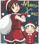  4040_(abonriya) ayase_fuuka brown_hair christmas eyebrows koiwai_yotsuba lowres multiple_girls oekaki pantyhose santa_costume thick_eyebrows thighhighs yotsubato! 