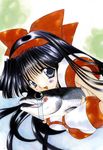  90s angel_flavor artbook bow fish gloves hair_bow hairband highres long_hair nakoruru nanase_aoi red_bow samurai_spirits solo 