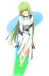  bangs barefoot belt bodysuit buckle c.c. code_geass full_body green_hair head_tilt long_hair long_sleeves looking_at_viewer sitting solo toes very_long_hair white_bodysuit yaegashi_nan yellow_eyes 