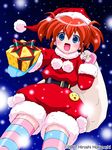  blue_eyes christmas fang gift hat holding holding_gift horiguchi_hiroshi multicolored multicolored_clothes multicolored_legwear open_mouth orange_hair original santa_costume santa_hat snowing solo striped striped_legwear thighhighs 