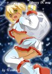  :d artist_name blonde_hair blush christmas crop_top crop_top_overhang midriff open_mouth original santa_costume smile solo thighhighs toudori white_santa_costume yellow_eyes zettai_ryouiki 