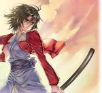  brown_eyes brown_hair jacket japanese_clothes kara_no_kyoukai katana kimono obi red_jacket ryougi_shiki sash scabbard sheath short_hair sky solo sword tenkuu_sphere weapon 