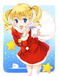  blonde_hair blue_eyes christmas drill_hair kurasuke long_hair looking_at_viewer open_mouth original sack santa_costume smile solo star thighhighs twin_drills twintails white_legwear zettai_ryouiki 