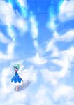  arms_at_sides bangs barefoot blue_dress blue_eyes blue_hair blue_sky bow bowtie cirno cloud detached_wings dress eyebrows_visible_through_hair full_body ice ice_wings pinafore_dress puffy_short_sleeves puffy_sleeves red_bow red_neckwear sakaki_soshi shirt short_sleeves sky solo standing tareme touhou white_shirt wings 