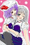 artist_request bangs biting blue_eyes blush breasts couple ear_biting hat izayoi_sakuya looking_at_another maid maid_headdress multiple_girls oekaki one_eye_closed open_mouth pantyhose puffy_short_sleeves puffy_sleeves red_eyes remilia_scarlet ribbon short_hair short_sleeves silver_hair simple_background smile touhou wince yuri 