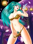  alcohol aqua_hair armpits asano_sparrow bikini bikini_pull cherry_blossoms drunk exhibitionism fang green_eyes green_hair highres horns lantern long_hair lum lum_invader navel night nipples oni open_mouth pubic_hair pussy sake solo suzume_asano swimsuit tree uncensored undressing urusei_yatsura 