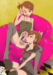  2girls ami_futami brown_eyes brown_hair candy censored em_(akunomachine) feet full-package_futanari futa_with_female futami_ami futami_mami futanari highlights idolmaster incest lollipop mami_futami multicolored_hair multiple_girls no_shoes penis pussy school_uniform serafuku siblings testicles tongue twincest twins 