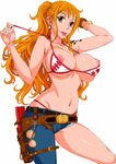  :p arm_behind_head asymmetrical_clothes bangle bikini bracelet breasts brown_eyes cutoffs denim earrings hanzaki_jirou holster jeans jewelry large_breasts log_pose long_hair nami_(one_piece) navel nipples one_piece orange_hair panties pants simple_background solo swimsuit tattoo thong tongue tongue_out underwear undressing white_background 