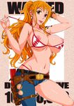  :p arm_behind_head asymmetrical_clothes bangle bikini bracelet breasts brown_eyes cameltoe cutoffs denim earrings hanzaki_jirou holster jeans jewelry large_breasts log_pose long_hair nami_(one_piece) navel nipples one_piece orange_hair panties pants ponytail solo swimsuit tattoo thong tongue tongue_out underwear undressing wanted 
