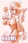  artist_request breasts character_name galaxy_fight gloves large_breasts long_hair monochrome orange_(color) pink_background pointy_ears roomi sepia sketch solo twisted_torso white_background 