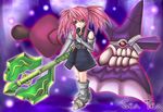  artist_request axe blue_eyes boots elbow_gloves gloves holding holding_axe knee_boots pink_hair presea_combatir solo tales_of_(series) tales_of_symphonia twintails warrior weapon 