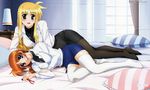  bed blonde_hair fate_testarossa hair_down hair_undone lamp lying lyrical_nanoha mahou_shoujo_lyrical_nanoha_strikers military military_uniform multiple_girls okuda_yasuhiro pantyhose partially_undressed pillow red_hair takamachi_nanoha thighhighs third-party_edit tsab_air_military_uniform tsab_executive_military_uniform uniform 