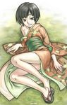  artist_name bad_id bad_pixiv_id black_eyes black_hair japanese_clothes kimono legs lying mushishi off_shoulder on_side parted_lips renzu_(mushishi) seductive_smile shoes short_hair single_shoe smile solo undressing yuuya_(yu-ya's) 