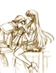  1girl armor artist_request eirika fire_emblem fire_emblem:_seima_no_kouseki from_side hand_kiss hetero kiss long_hair monochrome one_knee seth_(fire_emblem) short_hair sidelocks sitting skirt thighhighs yellow zettai_ryouiki 