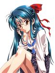  blue_hair blush copyright_request glasses highres kawarajima_kou long_hair red_ribbon ribbon school_uniform smile solo 