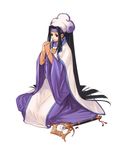  atelier_(series) atelier_iris atelier_iris_eternal_mana black_eyes black_hair futaba_jun hands_clasped hat headband iris_blanchimont jewelry long_hair looking_away magic necklace official_art own_hands_together pendant ponytail praying robe scepter seiza sidelocks simple_background sitting smile solo very_long_hair white_background wide_sleeves 