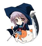  cat chibi fthgn338 hat kita_high_school_uniform lowres nagato_yuki school_uniform scythe solo suzumiya_haruhi_no_yuuutsu witch_hat 