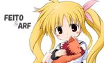  arf blonde_hair blush blush_stickers character_name closed_eyes crescent dog fate_testarossa hug izuno_kenta long_hair lyrical_nanoha mahou_shoujo_lyrical_nanoha simple_background sleeping solo text_focus twintails upper_body white_background 