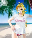  beach bikini blonde_hair blue_eyes clothes_writing day justice_gakuen long_hair outdoors shiritsu_justice_gakuen shirt solo star star_print striped striped_bikini swimsuit t-shirt tiffany_lords tsukinowa_kumatarou typo 