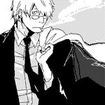  artist_request cigarette formal ginko glasses greyscale hair_over_one_eye lowres male_focus monochrome mushishi smoking solo suit 