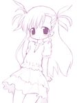  cowboy_shot hair_ribbon izuno_kenta long_hair looking_at_viewer lyrical_nanoha mahou_shoujo_lyrical_nanoha_strikers monochrome puffy_short_sleeves puffy_sleeves purple ribbon shirt short_sleeves simple_background skirt solo standing very_long_hair vivio white_background 