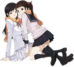  black_legwear kneehighs multiple_girls mura_(kanojo_no_oukoku) orange_scarf original scarf school_uniform serafuku shared_scarf socks 