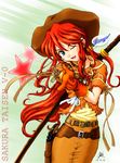  artist_request blue_eyes cowboy_hat cowboy_shot freckles fringe_trim gemini_sunrise gun handgun hat highres holster one_eye_closed red_hair revolver sakura_taisen sakura_taisen_v sword weapon western 