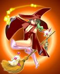  artist_request blue_eyes boots breasts broom cleavage earrings final_fantasy final_fantasy_vi green_hair hat high_heels jewelry lamp large_breasts leotard long_hair moogle pink_footwear red_leotard ring shoes solo thigh_boots thighhighs tina_branford witch_hat 