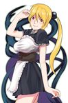  apron black_dress blonde_hair breasts corset dress large_breasts looking_at_viewer maid original red_eyes sanae_(satansanae) sash short_sleeves simple_background solo standing underbust waist_apron white_background 