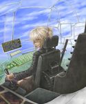  aircraft airship blonde_hair brown_eyes eyepatch flying original pilot solo tattoo unagi_(sougansouji) 
