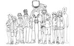  6+boys artist_request baseball_cap boots canti crossed_arms everyone flcl glasses greyscale haruhara_haruko hat hood hoodie lineart lineup long_hair manabe_gaku masamune_masashi monochrome multiple_boys multiple_girls nandaba_kamon nandaba_naota nandaba_shigekuni nandaba_tasuku ninamori_eri ponytail robot samejima_mamimi shoes short_hair shorts skirt sneakers socks sweater turtleneck vest wallpaper 