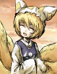 blonde_hair closed_eyes fox_tail hands_in_opposite_sleeves hat inuinu_(project_october) long_sleeves lowres multiple_tails oekaki pillow_hat short_hair smile solo surcoat tail touhou wide_sleeves yakumo_ran 